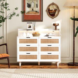 6-Drawer  Storage Cabinet with LED Lights & Power Outlet – White
