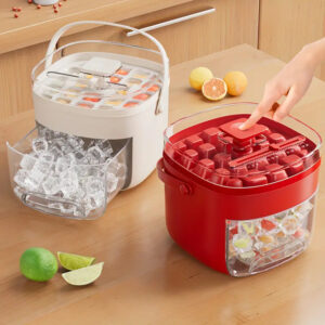 Press-Type Portable Ice Tray with Large Capacity Ice Bucket – 48 Extra-Large Cubes, Food-Grade Plastic