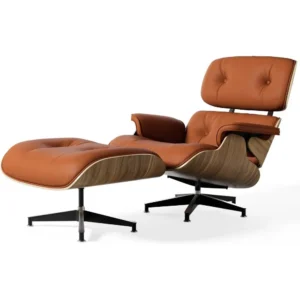 Modern Chaise Lounge Chair with Ottoman – Walnut Wood & Leather